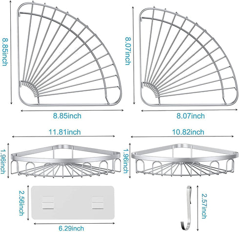 stusgo Corner Shower Caddy, Shower Shelf, Adhesive Shower Wall Caddy, SUS304 Stainless Steel Shower Rack Corner, Bathroom Storage Organizer Rustproof with 4 Hooks for Dorm Kitchen, 2 Pack