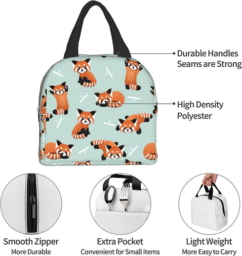 Red Panda Bears Lunch Bag Insulated Lunch Box with Front Pocket Reusable Tote Bag For Office Work Picnic Travel Shopping