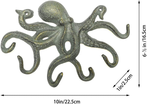 ChasBete Octopus Iron Wall Hooks for Hanging, Rustic Decorative Hooks/ Key Holder/ Coat Hooks/ Towel Hooks with 6 arms - Gold Green