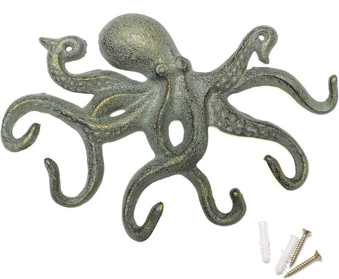 ChasBete Octopus Iron Wall Hooks for Hanging, Rustic Decorative Hooks/ Key Holder/ Coat Hooks/ Towel Hooks with 6 arms - Gold Green
