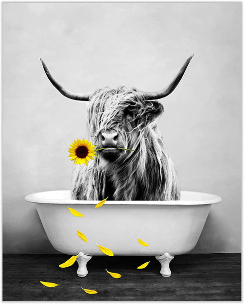 LB Highland Cow Canvas Wall Art Decor Western Wild Animal With Yellow Sunflower Artwork Picture Abstract Painting for Bedroom Living Room Bathroom Office Home Decor Framed Ready to Hang, 12x16 Inches