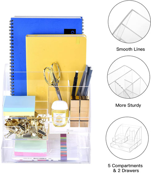Premium Acrylic Desk-Organizer for Office/School Supplies, Desk Pen Holder for Pens/Pencils/Sticky note/Notebooks and Desk Accessories