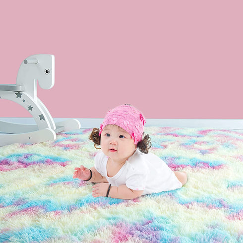 ST. BRIDGE Soft Round Rainbow Rug for Girls Room, Fluffy Circle Rug for Kids Room Decor, Indoor Modern Anti-Skid Fuzzy Nursery Mats, Shaggy Fur Area Rugs for Living Room Bedroom Plush Carpet, 3 Feet