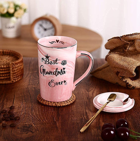Doublewhale Grandma Gifts - Mothers Day Gifts for Grandma - Birthday Gifts for Grandma from Granddaughter Grandson Grandchildren - Best Grandma Ever Marble Ceramic Coffee Mug 14Oz with Lid Pink