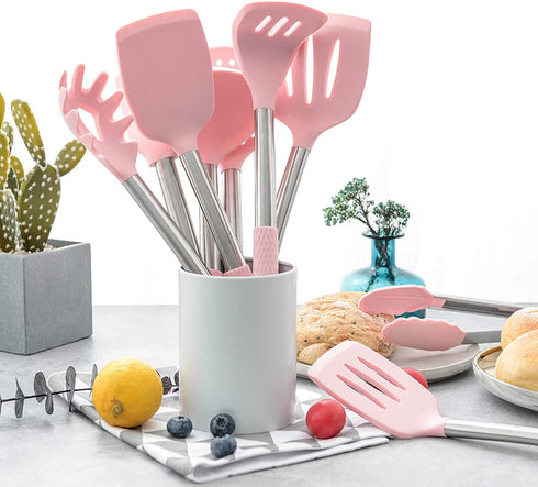 Rorence Kitchen Utensil Cooking Utensil Set for Baking Mixing: 12 Pieces Kitchen Gadgets Non-Stick & Heat Resistance Silicon and Stainless Steel Handles (Utensil Holder Not Included) - Pink