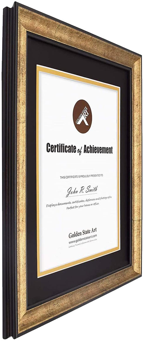 Golden State Art, 11x14 Vintage Antique Style Gold Frame for 8.5x11 Diploma/Certificate, Sawtooth Hangers for Wall Mounting with Real Glass, Black Trim (Black/Gold Double Mat)