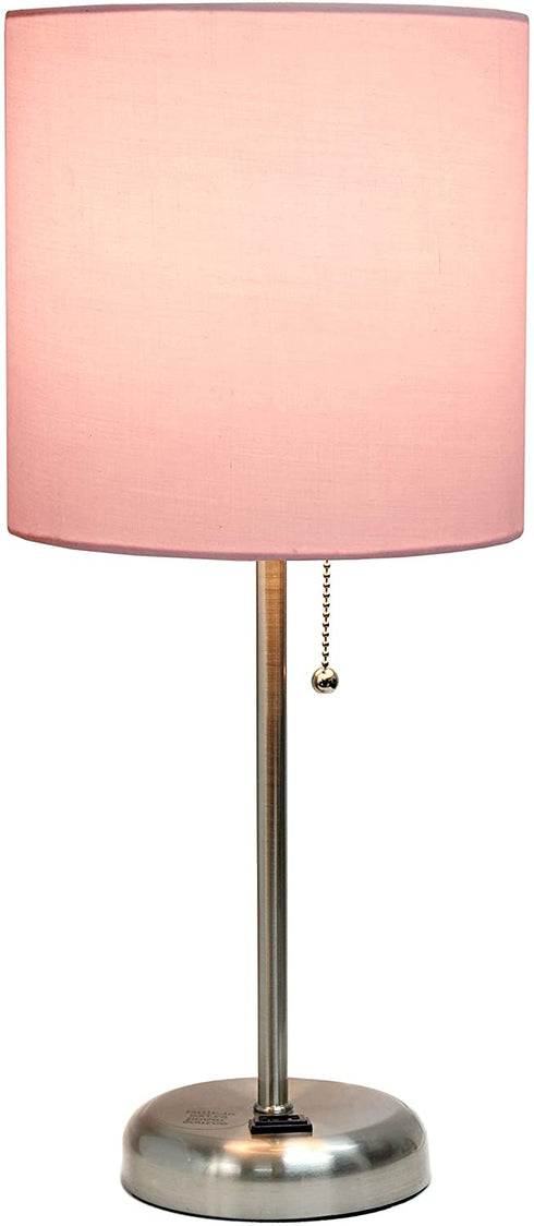 Limelights LT2024-LPK Stick Charging Outlet Table Lamp, Brushed Steel Base/Light Pink Shade