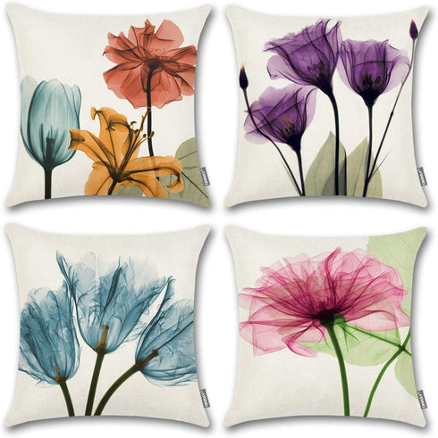 ONWAY Floral Throw Pillow Covers 18x18 Pink Flower Decorative Pillow Covers for Spring Decor, Set of 4