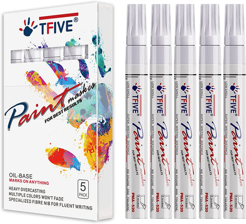 White Paint Marker Paint Pens - 5 Pack Oil Based Permanent Marker Pen, Medium Tip, Waterproof & Quick Dry, for Office, Art projects, Rock Painting, Ceramic, Glass, Wood, Plastic, Metal, Canvas