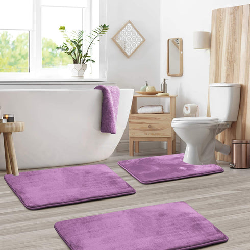 Clara Clark Bathroom Rugs, Velvet Memory Foam Bath Mat, Non-Slip Bath Rugs, Machine Wash, Dries Quickly, Ultra Soft Plush Bath Mats for Bathroom, 3 Piece Set, Lavender Dream