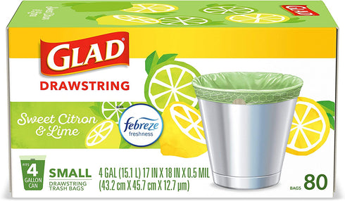 Glad Small Kitchen Drawstring Trash Bags 4 Gallon Green Trash Bag Febreze , Sweet Citron & Lime, 80 Count (Package May Vary)