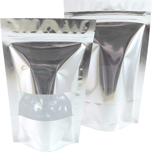 QQ Studio 100 Shiny Colored Aluminum Mylar Foil Clear Window Reclosable QuickQlick Stand-Up Bags (4.25" x 6.25", Silver)