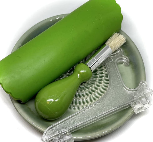 BonCera, All-in-one 4pcs Premium Ceramic Garlic Grater Set - Hand-Made, Green Glazed Design Grater Plate w/Garlic Peeler, Gathering Brush, Display Stand, It's also grating Turmeric, Ginger, and more,