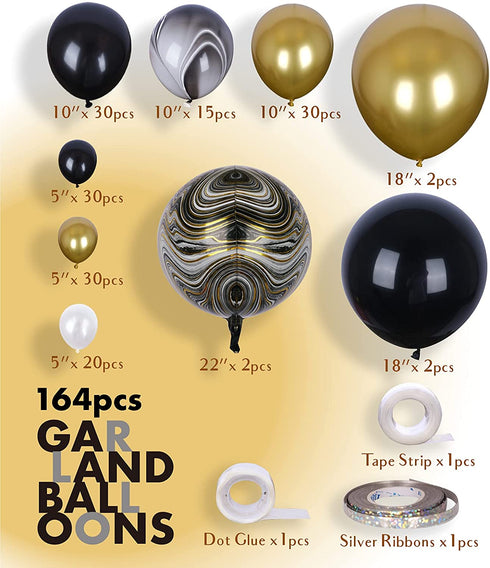 SUWEN 164PCS DIY Black and Gold Balloon Garland Arch Kit for Men Black Latex and Gold Metallic Chrome Balloon Decorations for Birthday Graduation Wedding Shower Anniversary Party Decor