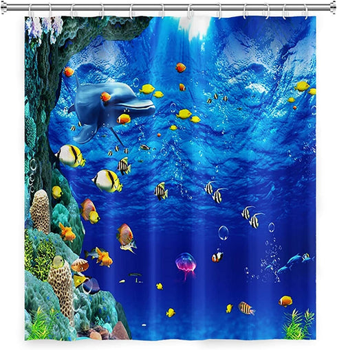Yeele Shower Curtain Fish Ocean Shower Curtain Under The Sea Shower Curtain for Bathroom Waterproof Polyester Sea Bathtub Curtain Decor with Hooks,69x70in