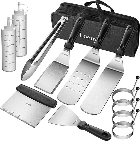 Loomla Griddle Accessories for Blackstone,13 Pc Flat Top Grill Accessories with Scraper, Spatulas, Tongs, 2 Bottles, 4 Egg Rings, Griddle Spatulas Set, Stainless Steel BBQ Accessories for Camping