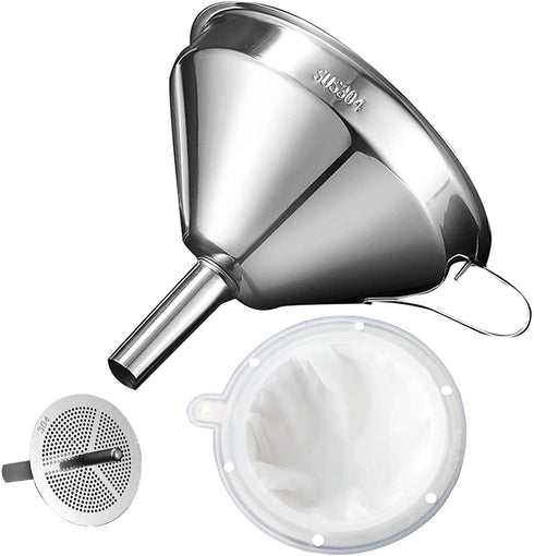Kitchen Funnel for Filling Bottles, Kitchen Gadgets Cooking Oil Funnel with Strainer and 200 Mesh Filter, Tea Grease Juice Food Strainer, 18/8 Stainless Steel Funnel (5 inch Mouth, 0.63 inch Stem)