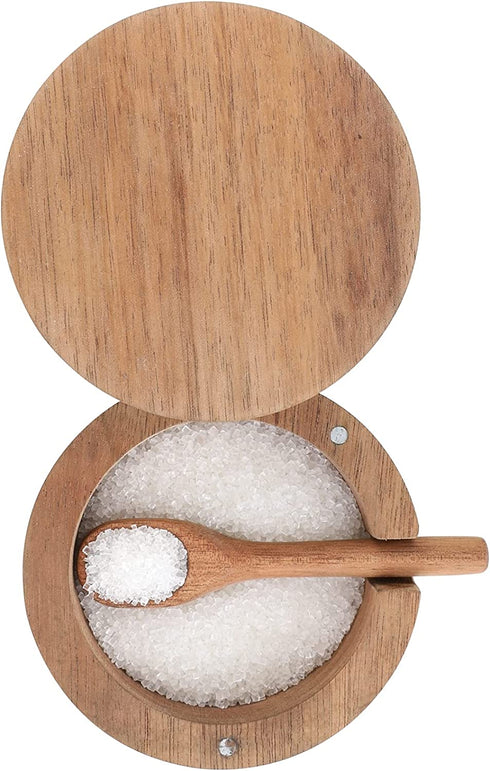 DGYLL Acacia Wood Salt Container with spoon Salt cellar Salt keeper Spice storage box Condiment pot Sugar bowl with spoon and swiveling lid Size: 3.5DIA x 2.5H inch (1pc no pattern /w spoon)