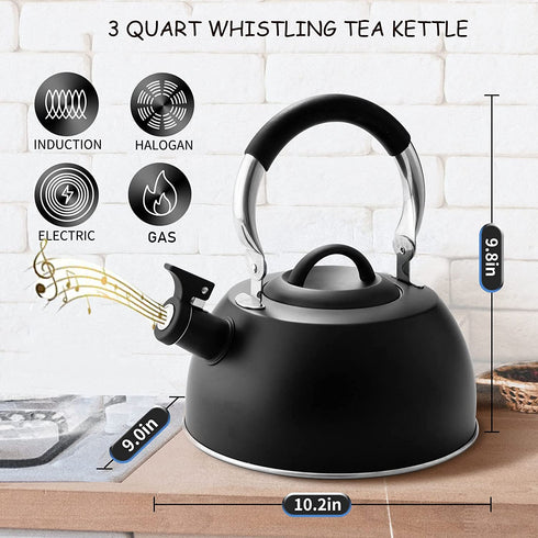 Suyika Tea Kettle Stovetop 3 Quart Stainless Steel Whistling Tea Pots for Stove Top with Cool Touch Ergonomic Handle Teapot - Black