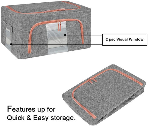 TOUCH-RICH Storage Bins Foldable with Window & Carry Handles Linen Fabric Collapsible Storage Boxes Organizer Set Stackable Containers for Home Bedroom Office Closet Nursery (Gray)