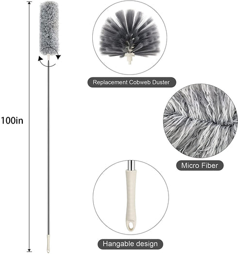 Abealv Telescoping Microfiber Duster Extendable Cobweb Duster, High Ceiling Stainless Steel Long Dusters?Scratch-Resistant Bendable Duster, 100 inches Extension Pole Cleaning Tools (Dark Gray)