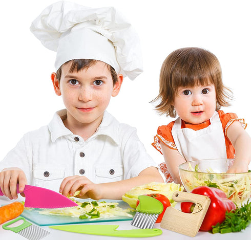 9 Pieces Wooden Kids Kitchen Knife, Include 6 Pieces Kids Plastic Knife Wooden Kids Knife Potato Slicers and Onion Slicer Wood Kids Knife Kids Plastic Knife for Kitchen (Fish Style)