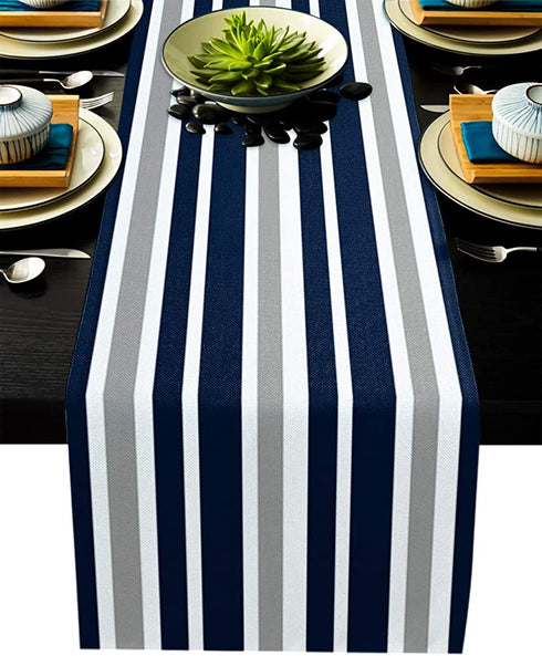 Stripe Table Runner-Navy Blue Gray White Cotton linen-Long 108 inche Dresser Scarves,Farmhouse Tablerunner for Kitchen Coffee/Dining/Sofa Table Bedroom Home Living Room,Scarf Decor for Holiday Dinner