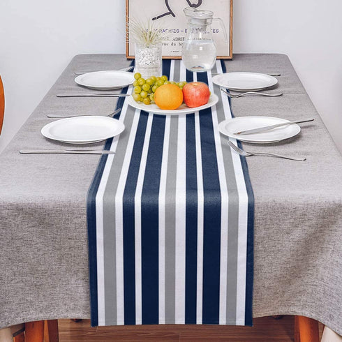 Stripe Table Runner-Navy Blue Gray White Cotton linen-Long 108 inche Dresser Scarves,Farmhouse Tablerunner for Kitchen Coffee/Dining/Sofa Table Bedroom Home Living Room,Scarf Decor for Holiday Dinner