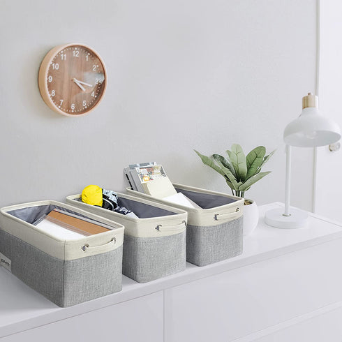 DIMJ Storage Bin, Foldable Storage Basket with Lables Window and Handles, Washable Storage Boxes for Clothes, Toys, Books, Daily Necessities (Grey & Beige, 15" x 10" x 10", 3 Pack)
