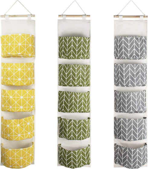 3Pcs Over The Door Hanging Storage Bag, MOTASOM Waterproof Wall Closet Organizer with 5 Pockets, Linen Fabric Wall Hanging Mounted Organizer Pocket for Room Bathroom Bedroom Kitchen
