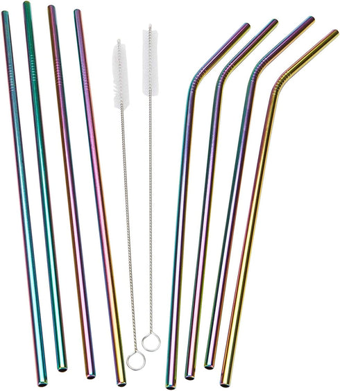 Mind Reader Stainless Steel Set, Reusable, Straight & Curved Metal Durable Drinking Straws with Cleaning Brushes-8 PK, One Size, Rainbow 8 Pack