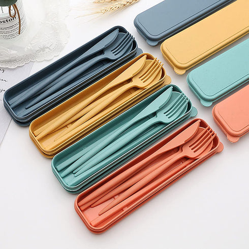 4 Sets Wheat Straw Cutlery, Portable Cutlery Set, Reusable Travel Flatware Set, for Lunch Boxes Workplace Camping School Picnic or Daily Use (Green, yellow, orange, blue)