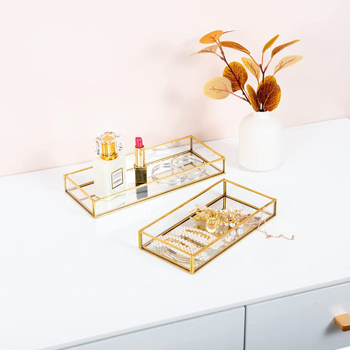 Feyarl Gold Clear Glass Vanity Tray Jewelry Trinket Rings Earrings Organizer Perfume Collection Display Decorative Tray Anti-Mirror Surface for Dressr Room Drawer Office Tabletop (9.84Inch)