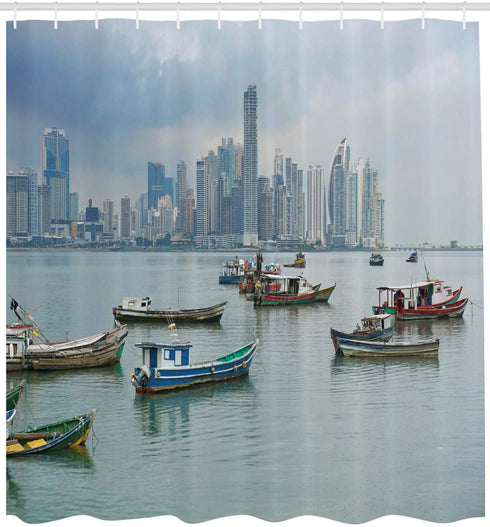 Ambesonne Landscape Shower Curtain, Anchored Fishing Boats Skyscrapers Panama Cityscape Pacific Coast Central America, Cloth Fabric Bathroom Decor Set with Hooks, 69" W x 75" L, Blue Grey