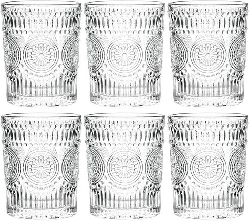 CZUMJJ 10 oz Romantic Water Glasses 6 Pack Premium Drinking Glasses Tumblers Vintage Glassware Set, Perfect for Drinking Whiskey, Juice, Beverages, Beer, Cocktail