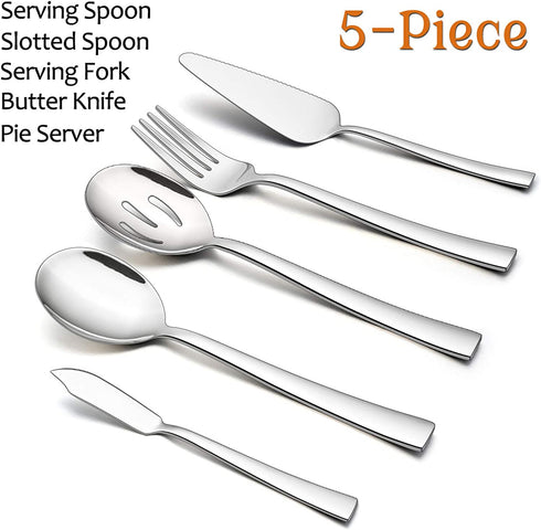 5-Piece Serving Utensils, E-far Stainless Steel Square Edge Hostess Serving Set for Buffet Party Kitchen Restaurant, Mirror Finished & Dishwasher Safe