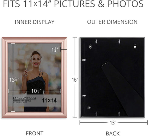 Langdon House 11x14 Rose Gold Picture Frame, Contemporary Glam Photo Frame 11 x 14, Wall Mount or Table Top, Celebration Collection