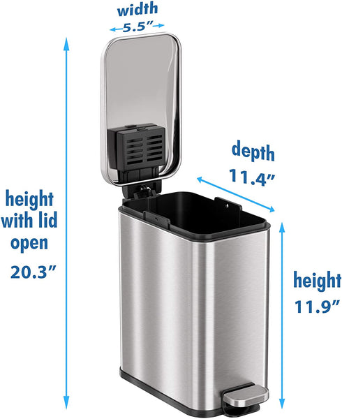 iTouchless SoftStep 1.3 Gallon Small Slim Bathroom Step Trash Can with Removable Inner Bucket & AbsorbX Odor Filter, Stainless Steel, 5 Liter Garbage Bin, Bathroom, Bedroom, Business Office Cubicle