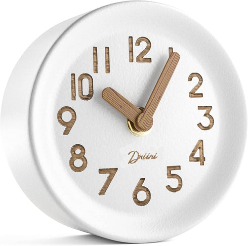 Driini Wooden Analog Desktop Clock 4.3 in. Decorative Pinewood Clock, No-Tick Design Easy to Read Silent Sweep Mantle Clock Quiet Tabletop Clocks with Wood Body, Hands, & Battery Cover; White