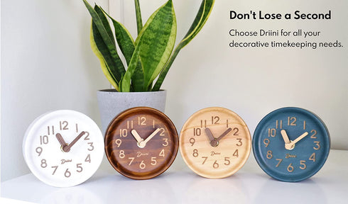 Driini Wooden Analog Desktop Clock 4.3 in. Decorative Pinewood Clock, No-Tick Design Easy to Read Silent Sweep Mantle Clock Quiet Tabletop Clocks with Wood Body, Hands, & Battery Cover; White