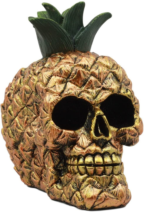 Ebros Hawaiian Tropical Pineapple Golden Skull Figurine 6" Tall Fruity Skeleton Head Statue for Halloween Day of The Dead Spooky Decor