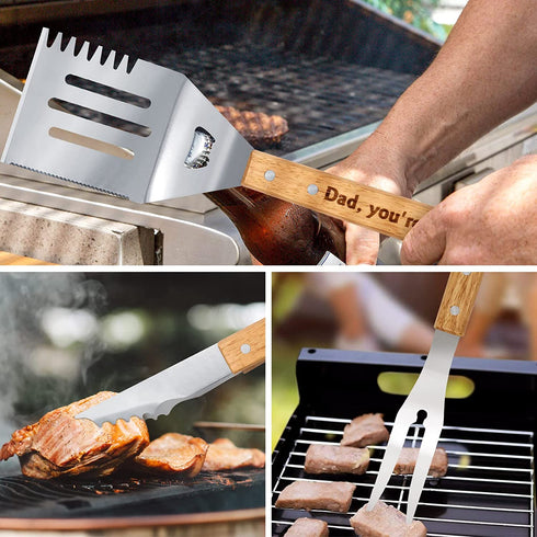BBQ Grill Set Gift for Dad Engraved King of The Grill Summer Barbecue Christmas Housewarming Gift Set of 3