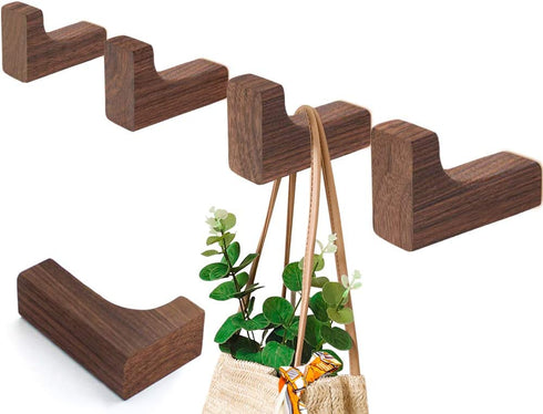 Eykao Wooden Wall Hooks, 5 Pack Black Walnut Wood Coat Hooks, Wall Mount Rustic Hat Rack for Hanging Scarves, Purses, Towel or Umbrellas (L Shape-Black Walunt)