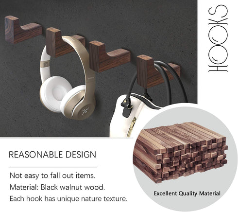 Eykao Wooden Wall Hooks, 5 Pack Black Walnut Wood Coat Hooks, Wall Mount Rustic Hat Rack for Hanging Scarves, Purses, Towel or Umbrellas (L Shape-Black Walunt)