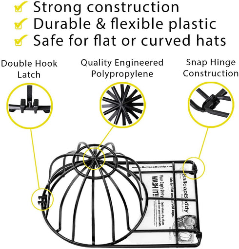 Made in USA- BallcapBuddy Cap Washer Hat Washer for Baseball Caps Original Design Patented Ball Cap Cleaner Frame/Cage/Rack 2-Pack BLACK