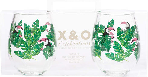 X&O Paper Goods QWG2-20874 X&O Paper Goods Tropical Toucan Acrylic Stemless Wine Glass Set, 2pc, 12 oz,