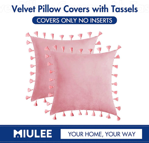 MIULEE Pack of 2 Velvet Soft Solid Decorative Throw Pillow Cover with Tassels Fringe Boho Accent Cushion Case for Valentine's Day Couch Sofa Bed 20 x 20 Inch Bright Pink
