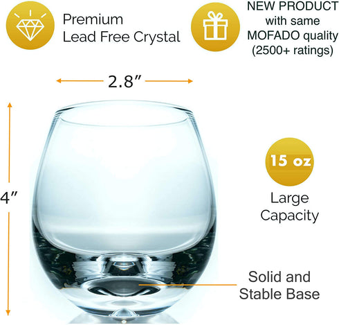 MOFADO Crystal Stemless Wine Glasses - Classic Elegance - 15oz (Set of 4) - Hand Blown Crystal in a Luxury Gift Box - For Red and White Wine - Beautiful Gift for Any Occasion
