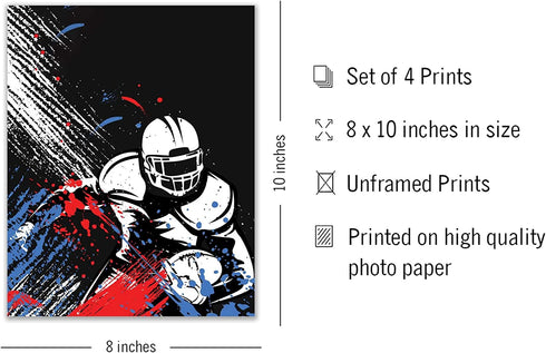 Football Watercolor Wall Art Decor Prints - Set of 4 (8x10) Inch Unframed Poster Photos - Bedroom