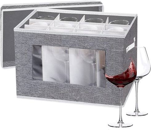 Stemware Storage Box with dividers, China Storage Containers Wine Glass Storage Containers with Lids and handles, Holds 12 Wine Glasses or Crystal Glassware (Grey)
